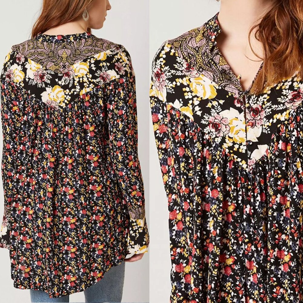 Free People Wildflower Fields Henley Top Tunic Blouse M $108 Black Ditsy Floral - Picture 5 of 16